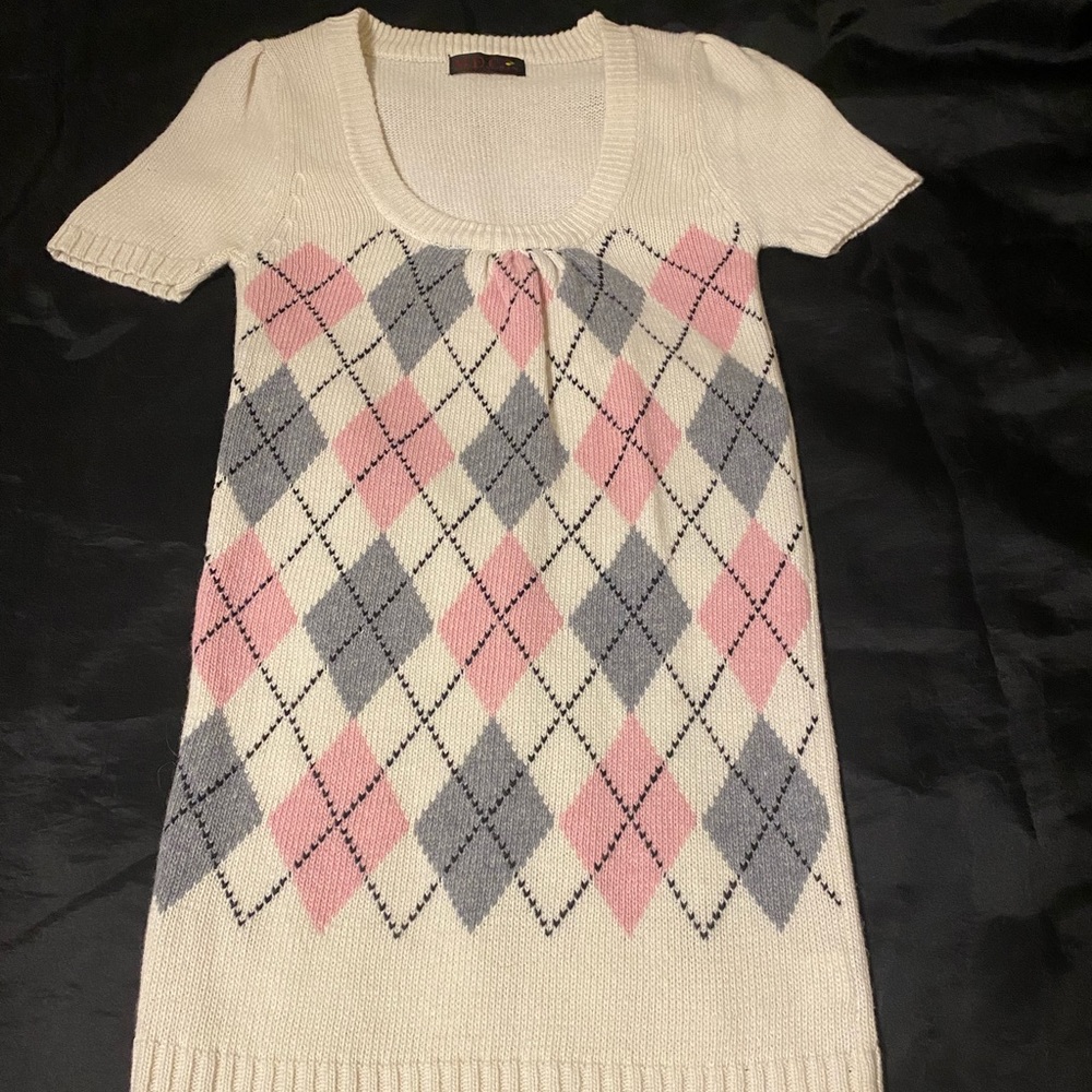 MDC Argyle Knit Sweater Dress Short Sleeve Cream Pink Size S/M